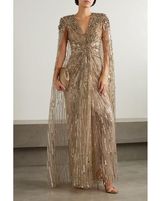 Jenny Packham Natural Lotus Cape-effect Embellished Tulle Gown