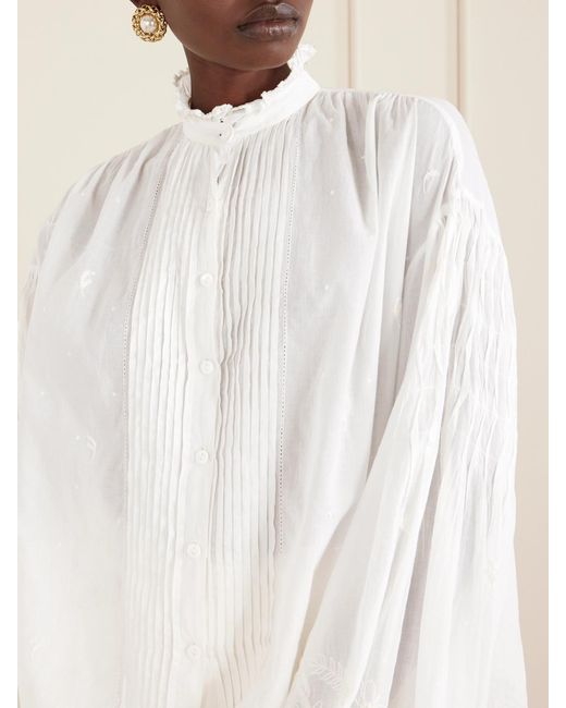 Thierry Colson White Slava Ruched Pleated Embroidered Cotton-Voile Shirt