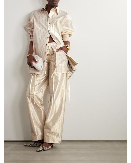 Christopher John Rogers Natural Oversized Striped Patchwork Silk-Satin, Cotton-Poplin And Cotton-Blend Shirt