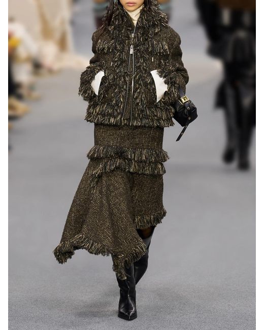 Sacai Brown Fringed Wool-Blend Tweed Midi Skirt