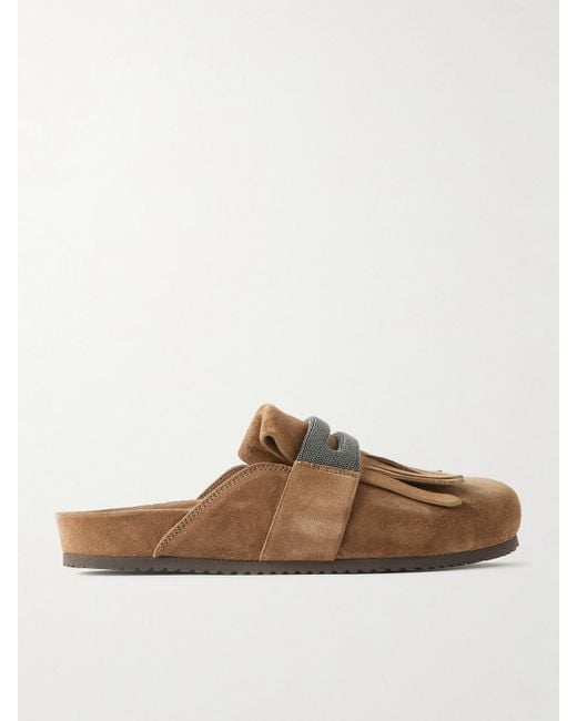Brunello Cucinelli Brown Fussbett Bead-Embellished Fringed Suede Slippers