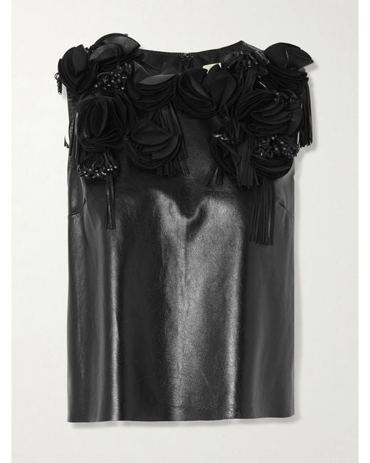 Ulla Johnson Black Marlowe Floral-Appliquéd Leather Top