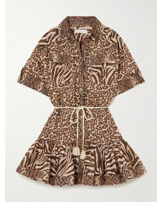 Zimmermann Brown Wanderlust Lantern Belted Printed Cotton Mini Dress