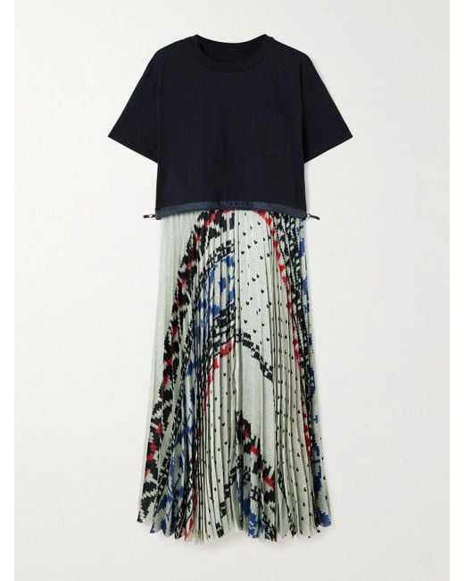 Sacai Pleated Satin-Trimmed Cotton-Jersey Midi Dress in Blue