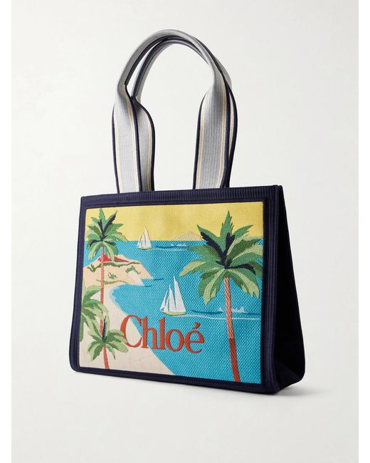 Chloé Blue Printed Leather-Trimmed Canvas Shoulder Bag