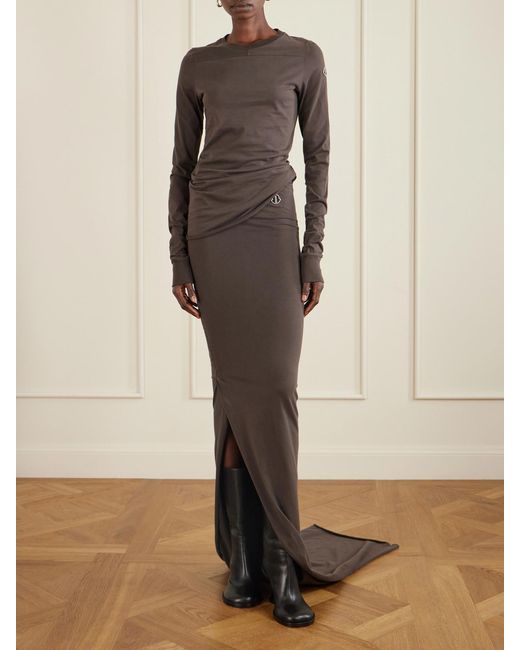 Rick Owens Brown Moncler Appliquéd Cotton-Jersey Maxi Skirt