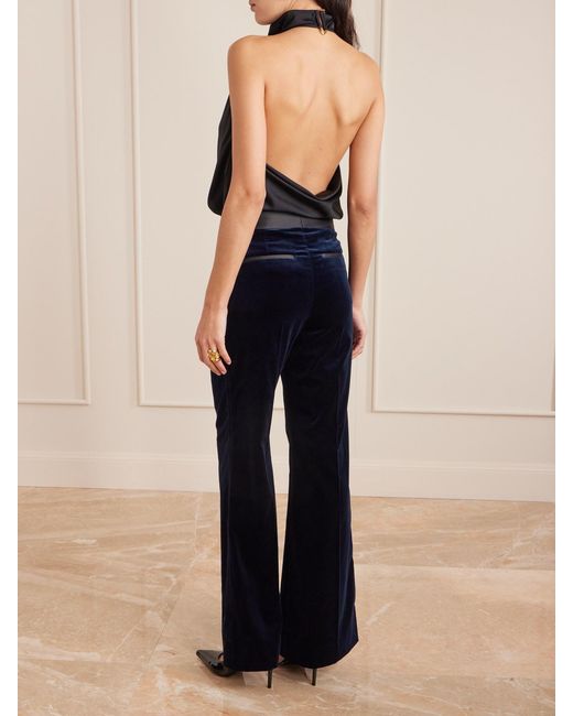 Victoria Beckham Blue Alina Satin-Trimmed Cotton-Blend Velvet Wide-Leg Pants