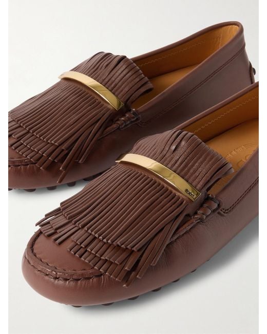 Tod's Brown Gommino Loafers Aus Leder Mit Fransen Und Verzierung