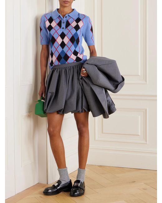 Marni Blue Embroidered Argyle Wool Polo Shirt