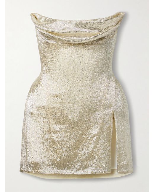 Wiederhoeft Natural Ivy Draped Strapless Beaded Tulle Mini Dress