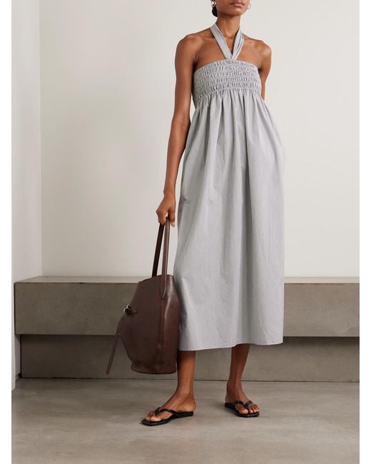 Maria McManus White Smocked Pinstriped Poplin Halterneck Midi Dress