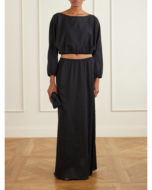 Leset Black Yoko Cropped Gathered Cotton-Poplin Top
