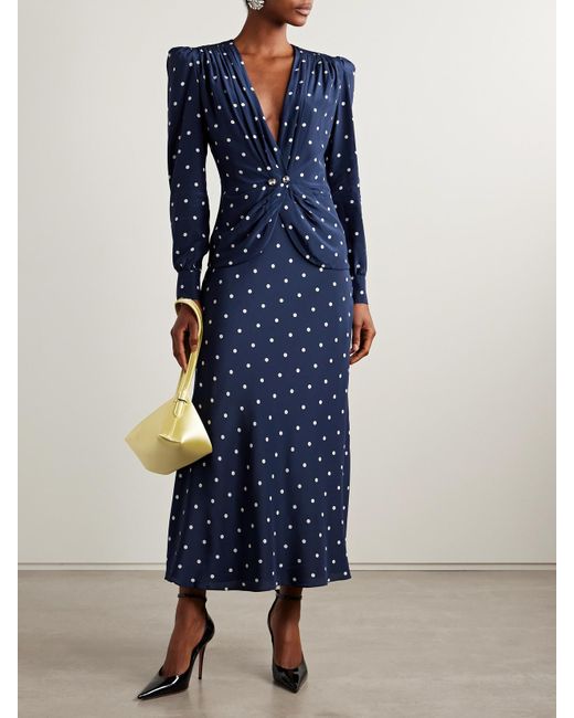 Alessandra Rich Blue Midikleid Aus Crêpe De Chine Aus Seide Mit Polka-Dots, Falten Und Verzierungen