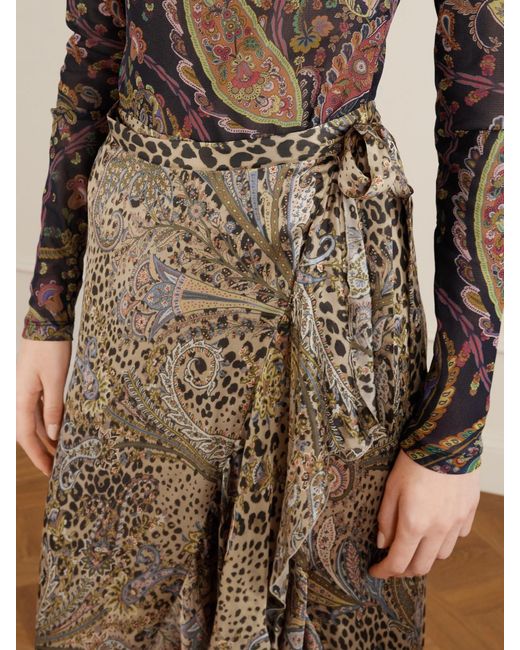 Etro Natural Ruffled Leopard And Paisley-Print Silk-Satin Midi Wrap Skirt