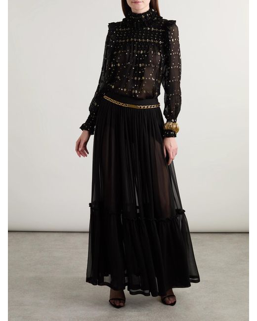 Blouse En Crépon De Soie Mélangée À Fil Coupé Métallisé, Volants Et Smocks Saint Laurent en coloris Black