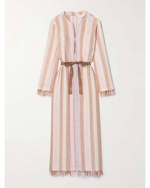 Zimmermann Pink Lucky Belted Tasseled Striped Voile Midi Dress