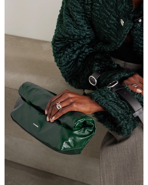 Jil Sander Green Small Glossed Crinkled-Leather Shoulder Bag