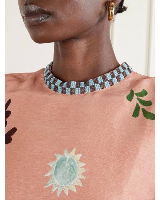 ALÉMAIS Pink Laurence Bead-Embellished Printed Linen And Silk-Blend Mini Dress