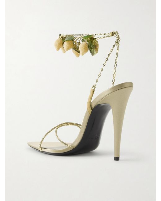 Saint Laurent Metallic Mon Chéri Embellished Suede-Trimmed Satin Sandals