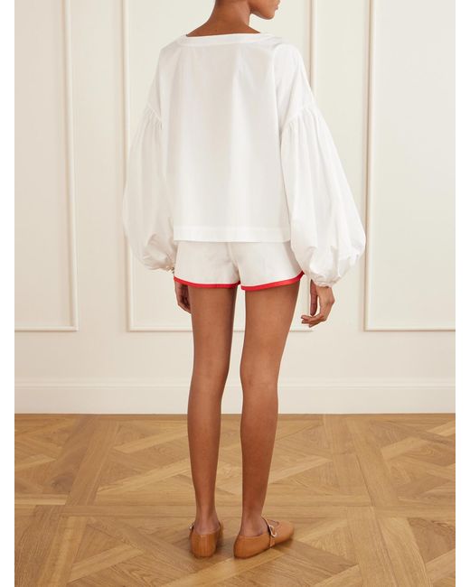 Suzie Kondi White Balon Cropped Gathered Cotton-Poplin Blouse