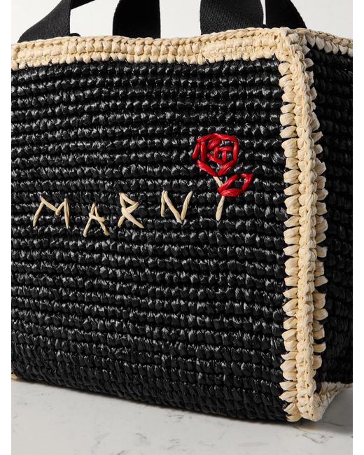 Marni Black Embroidered Webbing-Trimmed Faux Raffia Tote