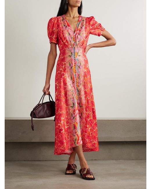 saloni red silk dress Kelly Tie-detailed Silk-satin Midi Dress