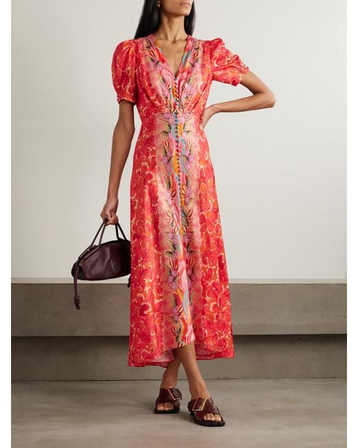 Saloni Red Lea Printed Silk-Satin Midi Dress