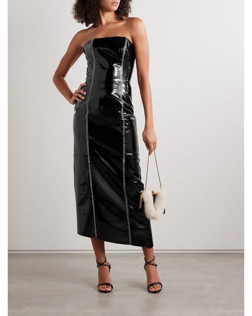 Salon 1884 Black Sioux Strapless Asymmetric Whipstitched Patent-Leather Dress