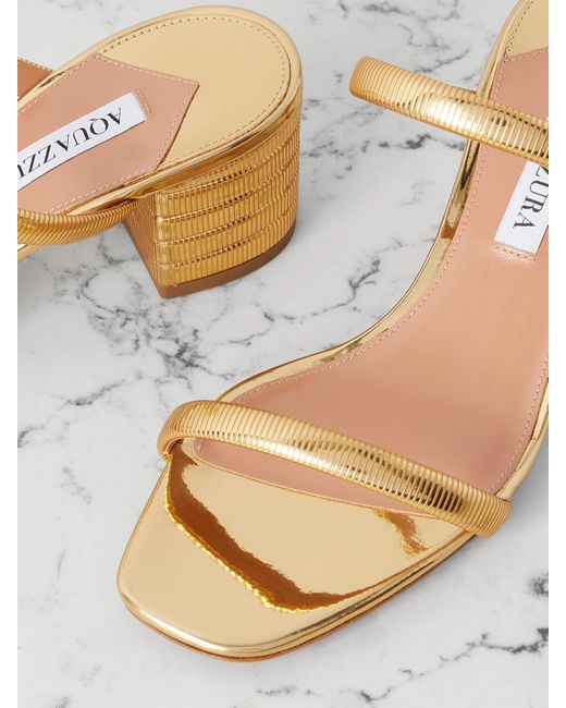 Aquazzura Natural Riviera Chain 50 Textured Mirrored-Leather Mules
