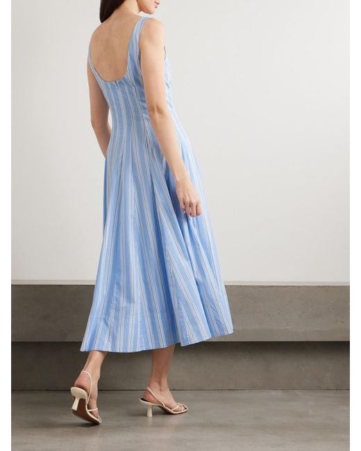 Staud Blue Wells Paneled Striped Cotton-Blend Poplin Midi Dress