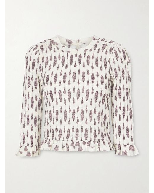 Isabel Marant White Arie Open-Back Ruffled Floral-Print Smocked Cotton Blouse