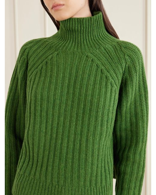 Allude Green Ribbed Cashmere Turtleneck Sweater