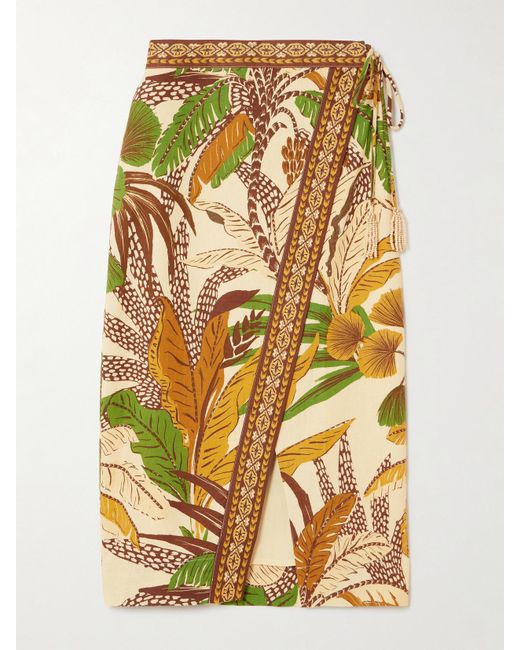 Farm Rio Metallic Tasseled Printed Linen-Blend Wrap Midi Skirt
