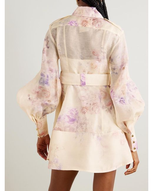 Mini-Robe En Lin Et Soie Mélangés À Imprimé Fleuri Et À Ceinture Hypnotic Zimmermann en coloris Natural