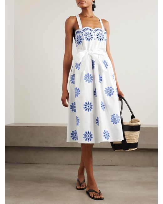 Loretta Caponi Blue Belted Scalloped Broderie Anglaise Cotton Midi Dress
