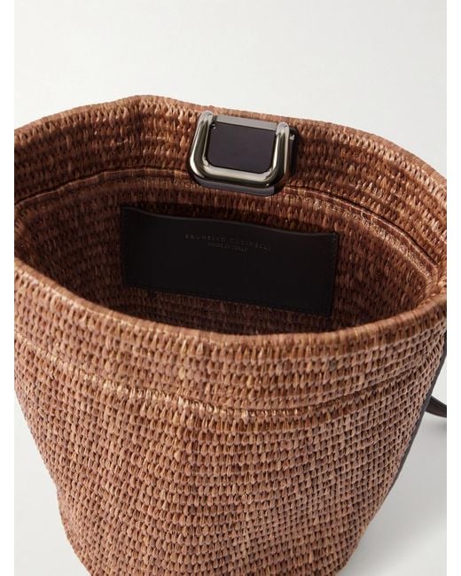 Brunello Cucinelli Brown Leather-Trimmed Raffia Bucket Bag
