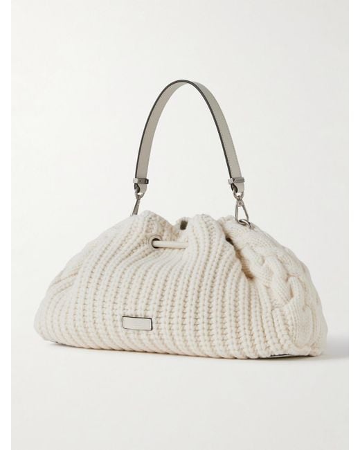 Jimmy Choo Natural Cinch Medium Leather-Trimmed Cable-Knit Wool Shoulder Bag