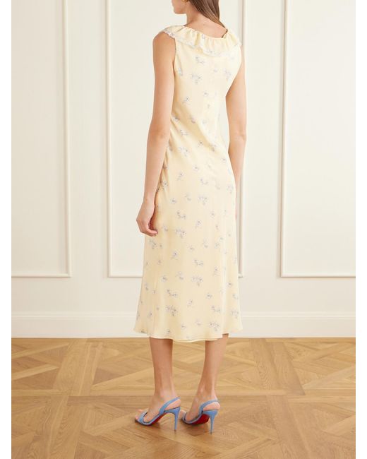 Alessandra Rich Natural Floral-Print Lace-Trimmed Silk-Satin Midi Dress
