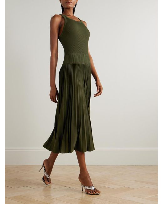 Alaïa Green Pleated Pointelle-Trimmed Ribbed-Knit Midi Dress