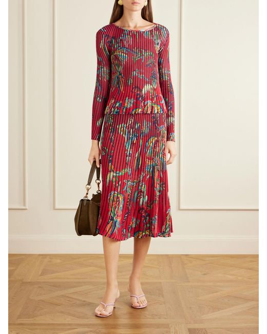 Etro Red Floral-Print Open-Knit Ribbed Blouse