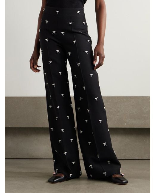 Valentino Garavani Black Bow-Embellished Wool And Silk-Blend Twill Wide-Leg Pants