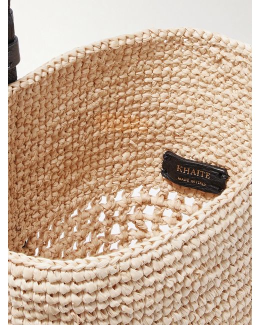 Khaite White Billie Leather-Trimmed Two-Tone Raffia Bucket Bag