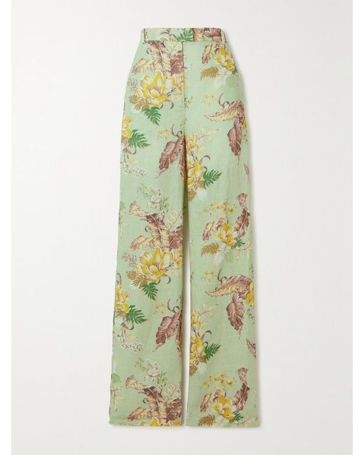 Zimmermann Green Matchmaker Floral-Print Linen Straight-Leg Pants