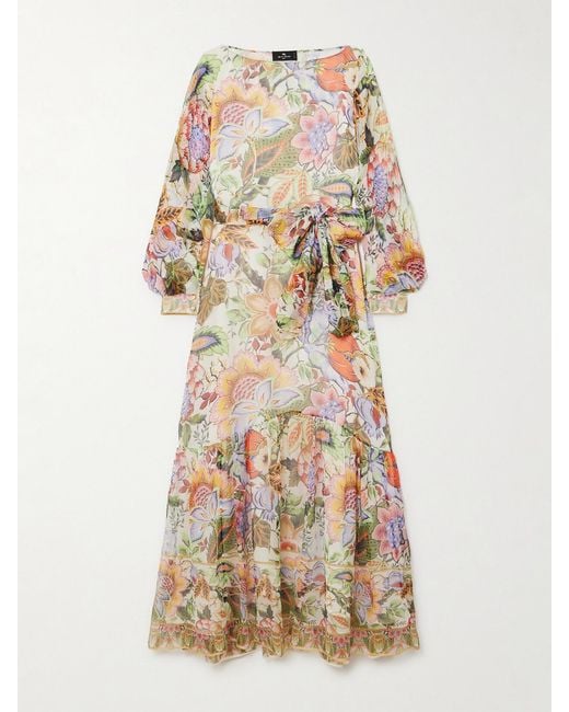 Etro Natural Belted Floral-Print Silk-Crepon Maxi Dress