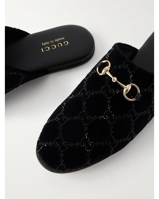 Gucci Black Slippers Aus Samt Mit Horsebit-Detail Und Kristallen
