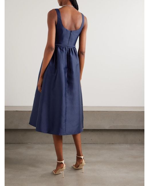 Self-Portrait Blue Gathered Satin Midi Dress