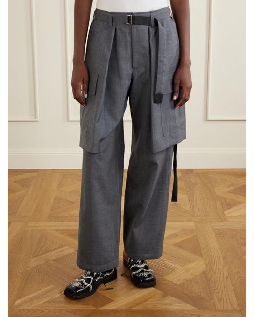 Sacai Gray Pleated Belted Twill Wide-Leg Pants