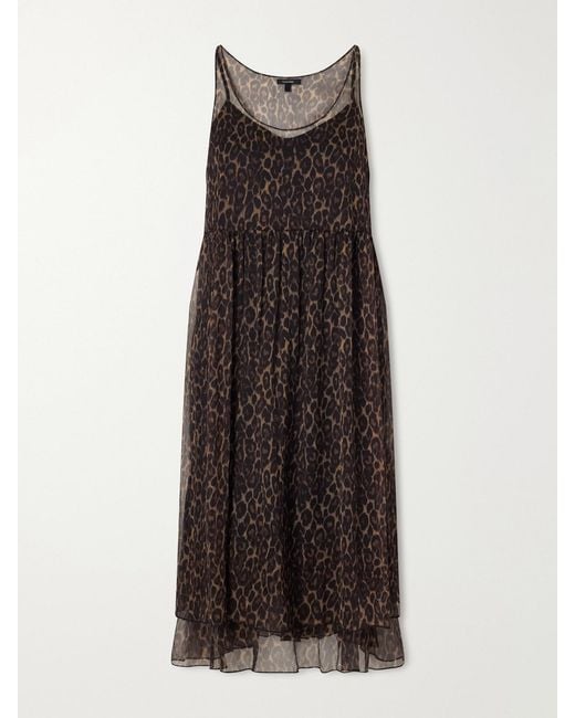 R13 Brown Gathered Tiered Animal-Print Silk-Chiffon Midi Dress