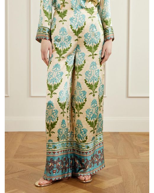 Emporio Sirenuse Green Stephan Floral-Print Silk-Satin Trousers