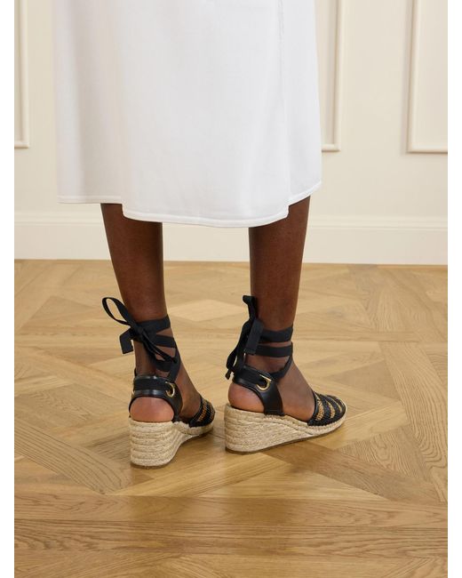 Ferragamo Black Zanta Zebra 70 Leather-Trimmed Woven Raffia Espadrillas Wedge